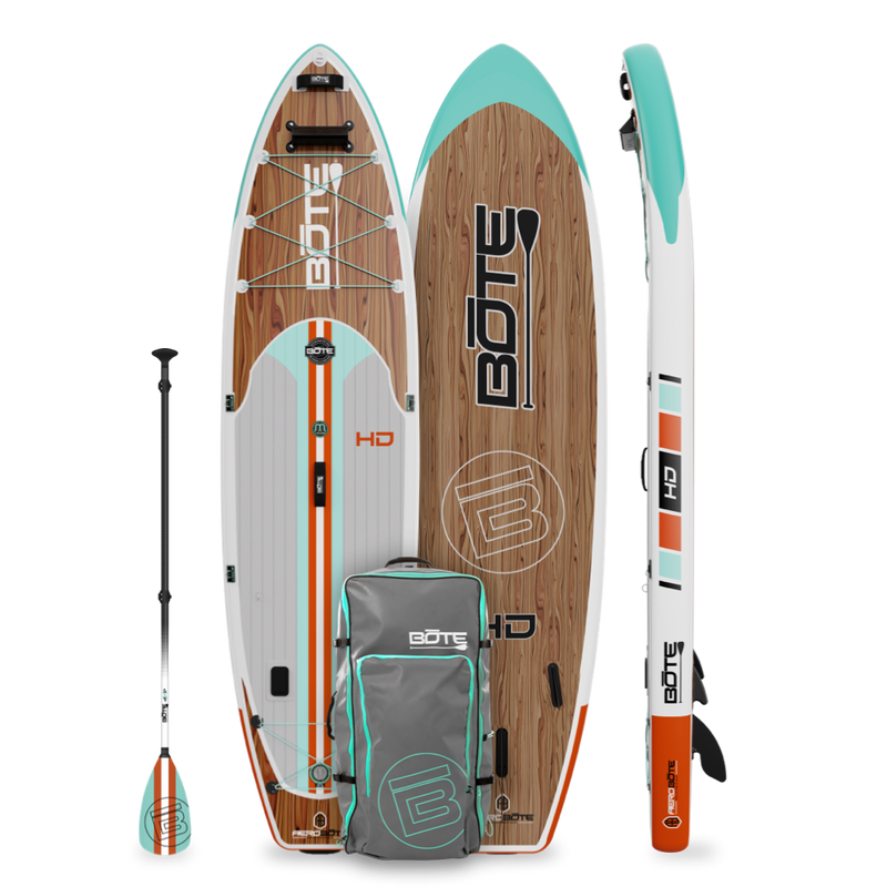 Top, side and bottom view of the HD Aero 11′6″ Classic Mangrove Inflatable Paddle Board with paddle and bag