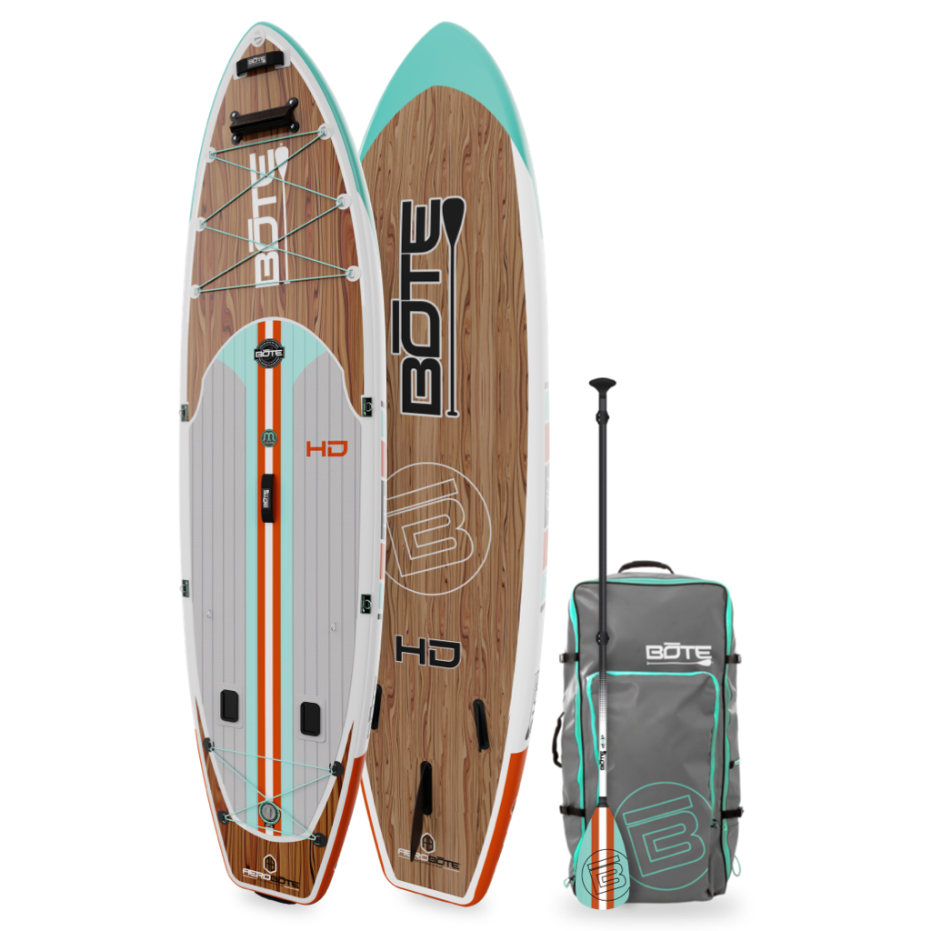 Top and bottom angled view of the HD Aero 11′6″ Classic Mangrove Inflatable Paddle Board with paddle and bag