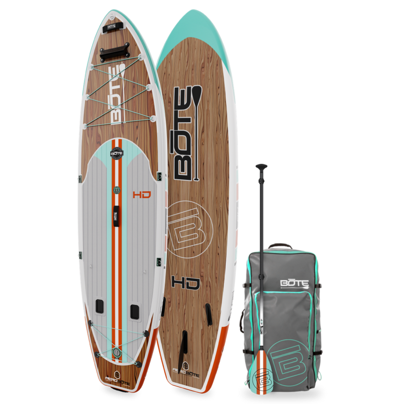 Top and bottom angled view of the HD Aero 11′6″ Classic Mangrove Inflatable Paddle Board with paddle and bag