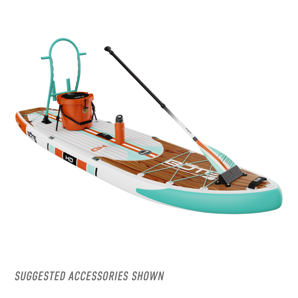 Front angled view of the HD Aero 11′6″ Classic Mangrove Inflatable Paddle Board with suggested accessories