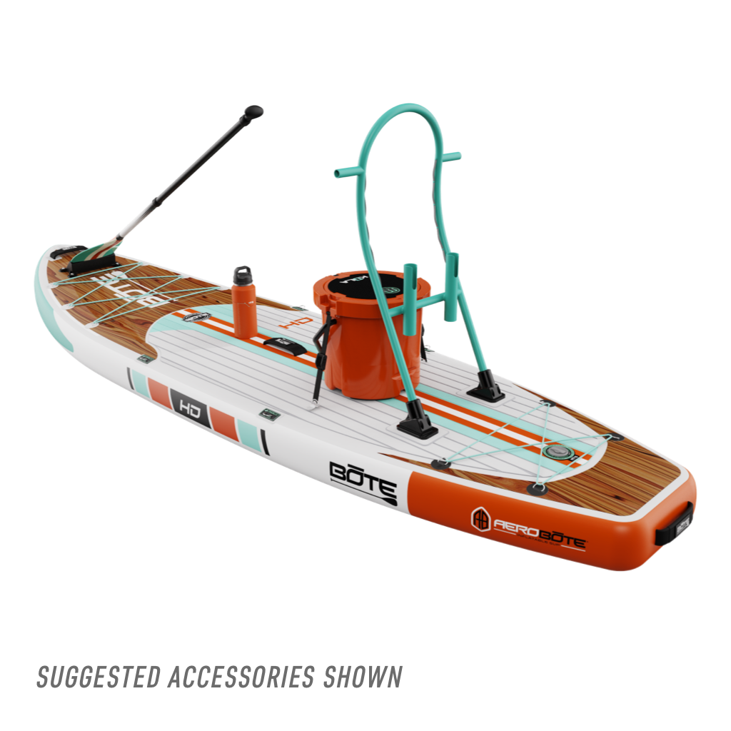 Rear angled view of the HD Aero 11′6″ Classic Mangrove Inflatable Paddle Board with suggested accessories