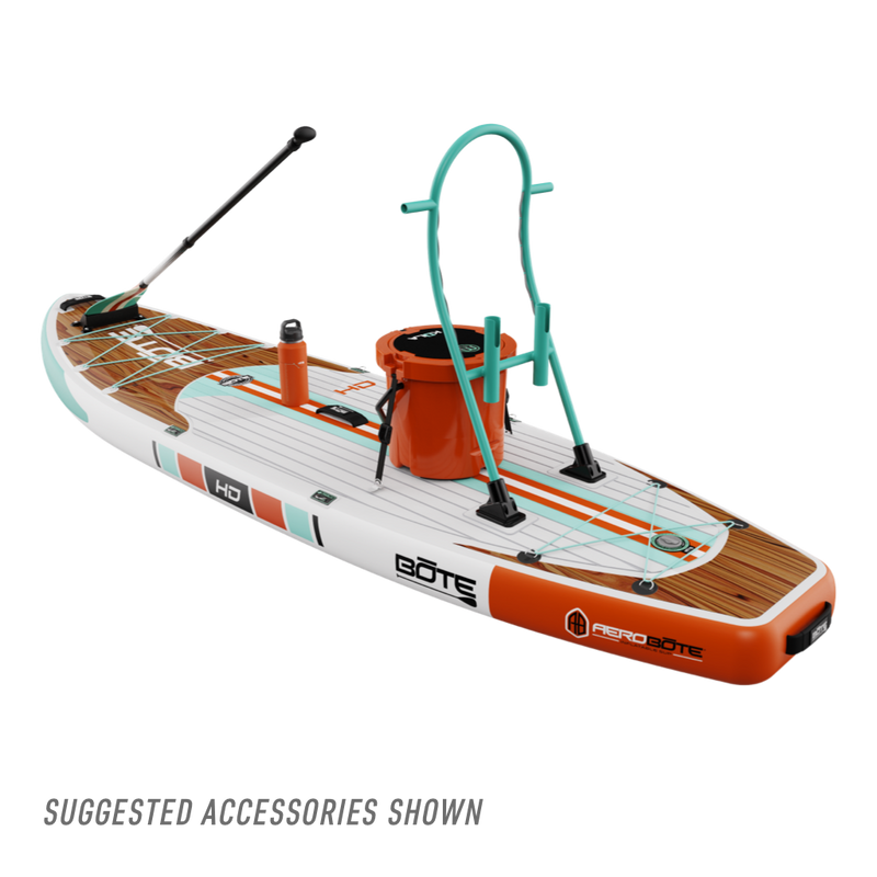 Rear angled view of the HD Aero 11′6″ Classic Mangrove Inflatable Paddle Board with suggested accessories