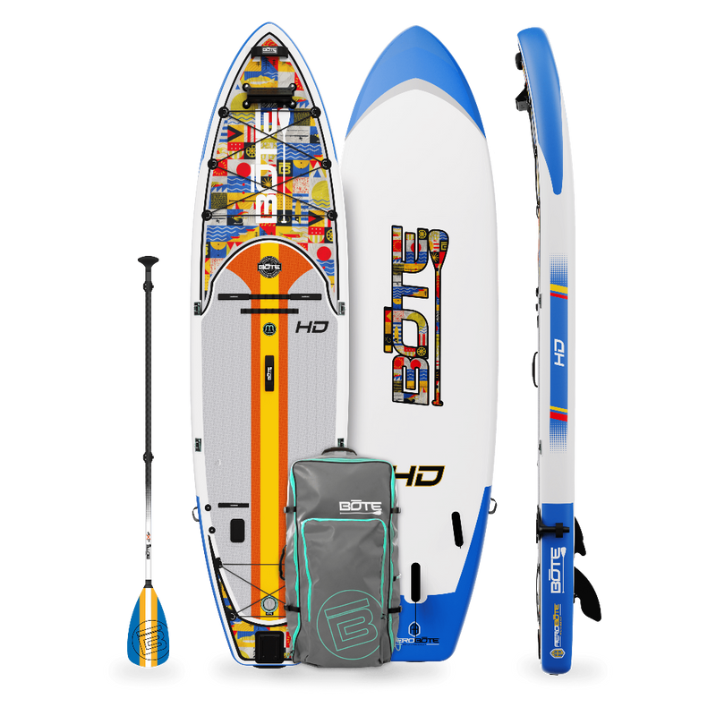 Top, side and bottom view of the HD Aero 11′6″ Fischer Topwater Inflatable Paddle Board with paddle and bag
