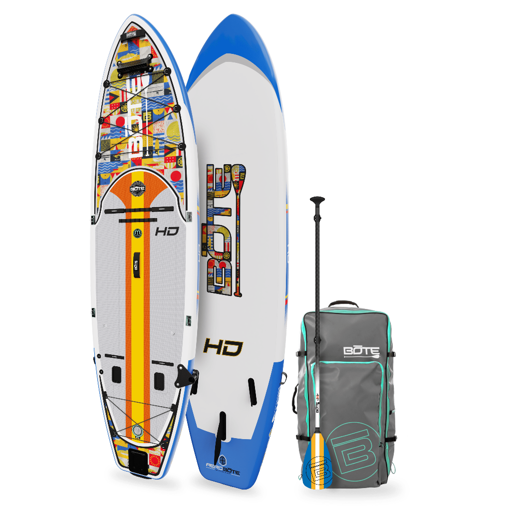 Top and bottom angled view of the HD Aero 11′6″ Fischer Topwater Inflatable Paddle Board with paddle and bag