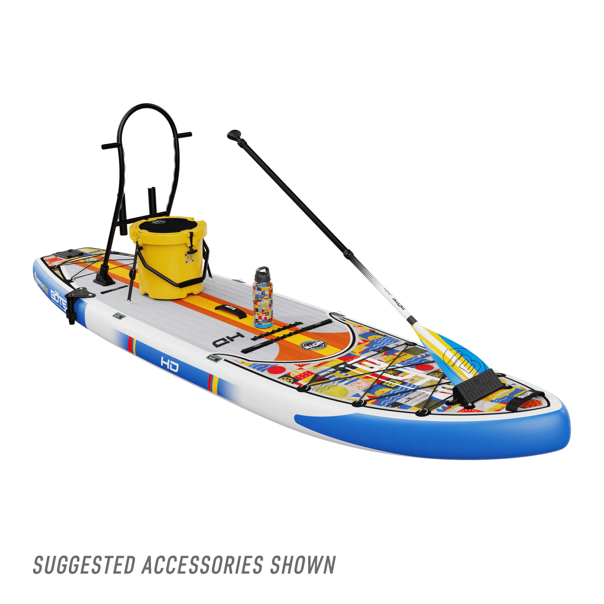 Decked out front view of HD Aero 11′6″ Fischer Topwater Inflatable Paddle Board
