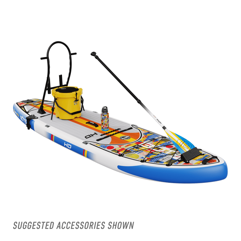 Decked out front view of HD Aero 11′6″ Fischer Topwater Inflatable Paddle Board