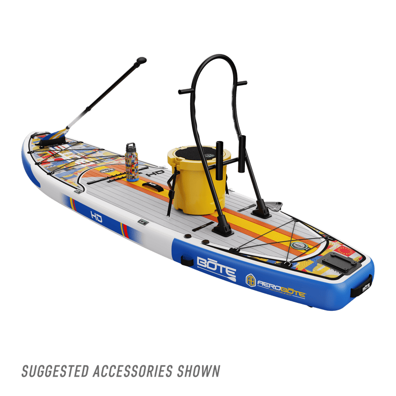 Decked out back view of HD Aero 11′6″ Fischer Topwater Inflatable Paddle Board