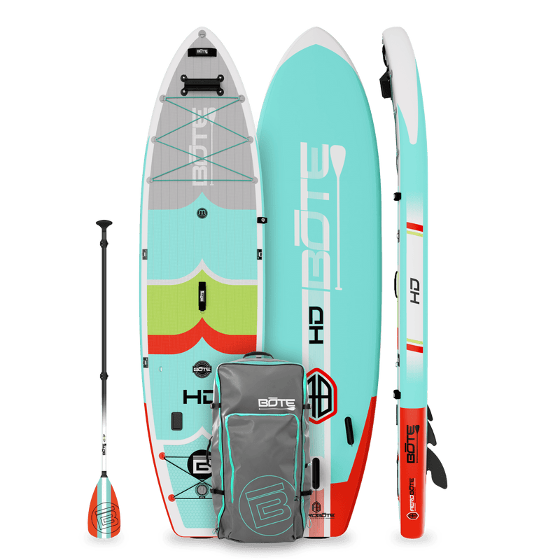 Top, side, and bottom view of the HD Aero 11′6″ Full Trax Lime Inflatable Paddle Board with carrying bag and paddle.