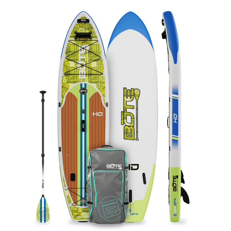 Top, side, and bottom view of the HD Aero 11′6″ Native Nalu Inflatable Paddle Board with bag and paddle