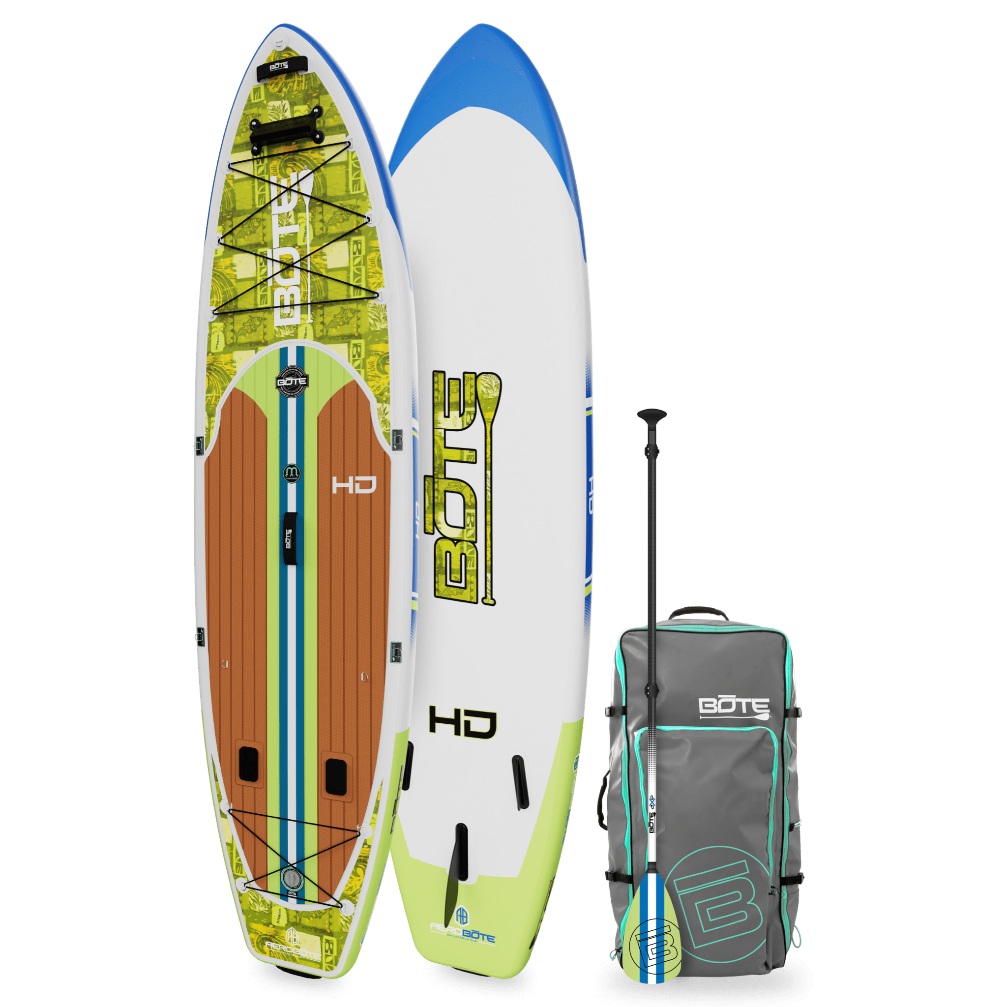 Angled top and bottom view of the HD Aero 11′6″ Native Nalu Inflatable Paddle Board with bag and paddle