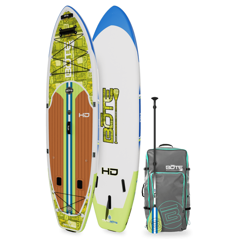 Angled top and bottom view of the HD Aero 11′6″ Native Nalu Inflatable Paddle Board with bag and paddle