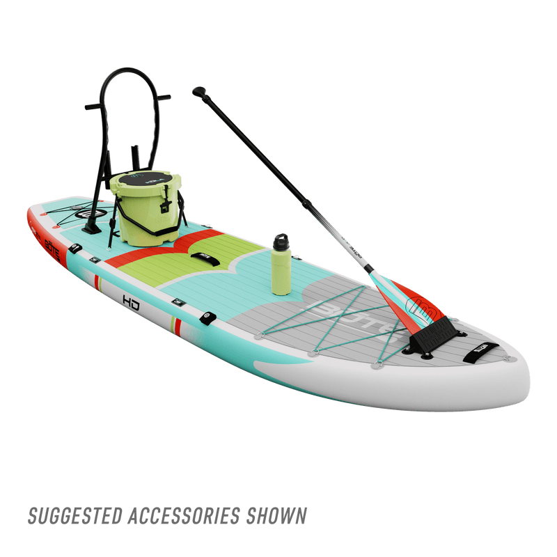 Angled front view of the HD Aero 11′6″ Full Trax Lime Inflatable Paddle Board with accessories including cooler, rac, bottle, and paddle.