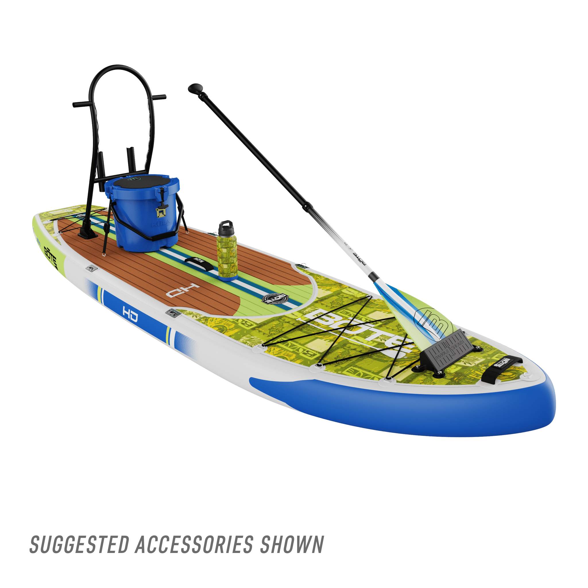 Front angled view of the HD Aero 11′6″ Native Nalu Inflatable Paddle Board with suggested accessories