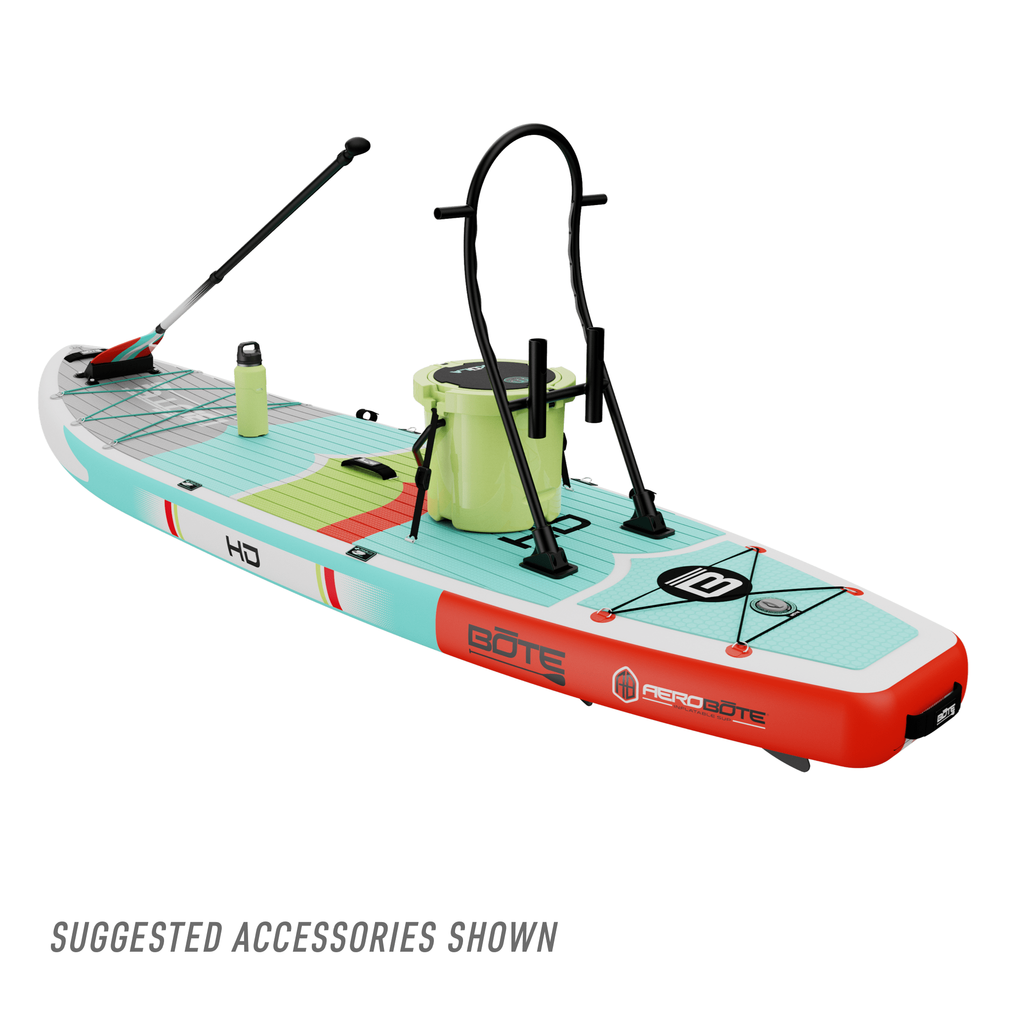 Angled rear view of the HD Aero 11′6″ Full Trax Lime Inflatable Paddle Board with accessories including cooler, rac, bottle, and paddle.