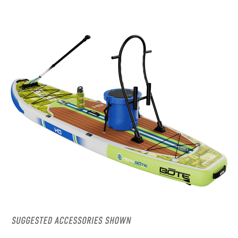 Rear angled view of the HD Aero 11′6″ Native Nalu Inflatable Paddle Board with suggested accessories