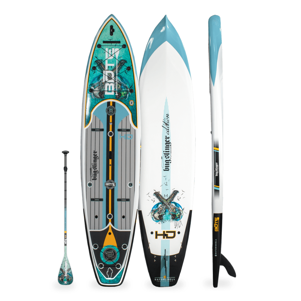 Top, side, and bottom view of the HD 12′ Bug Slinger® Warbirds Paddle Board with paddle