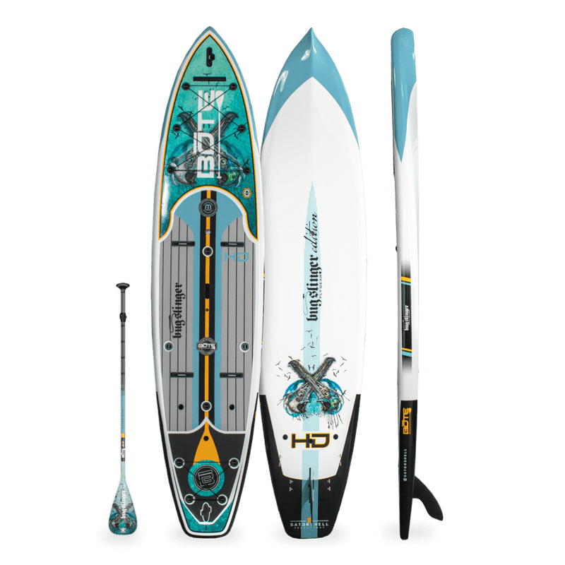 Top, side, and bottom view of the HD 12′ Bug Slinger® Warbirds Paddle Board with paddle