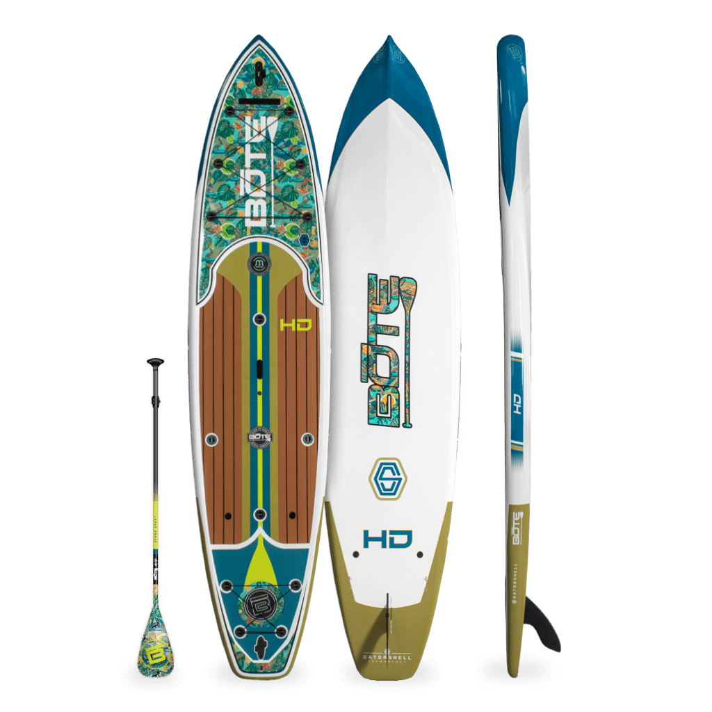 Top, bottom, and side view of the HD 12' Native Bombardier Paddle Board Fishing Package.