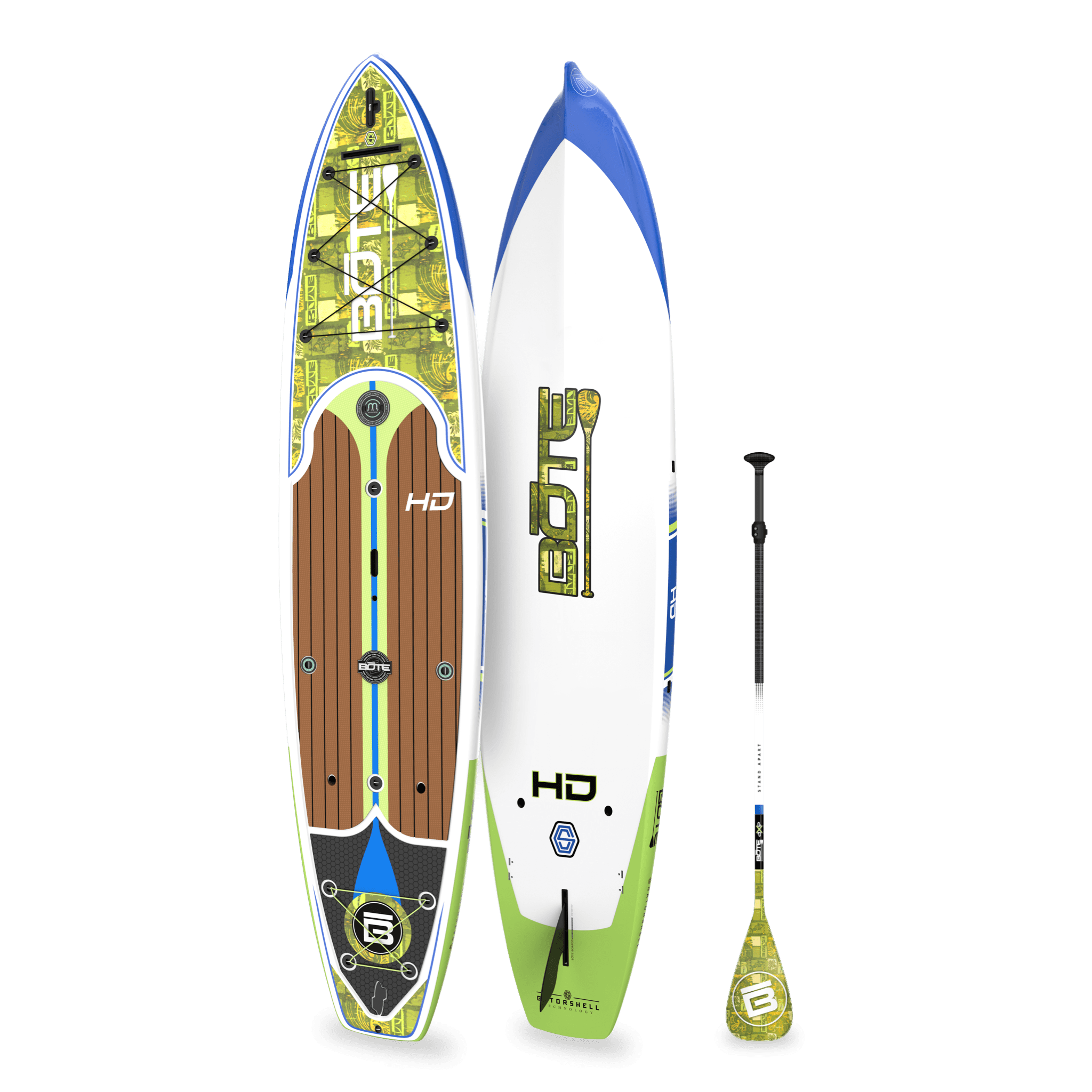 Top and bottom angled view of the HD 12′ Native Nalu Paddle Board with paddle