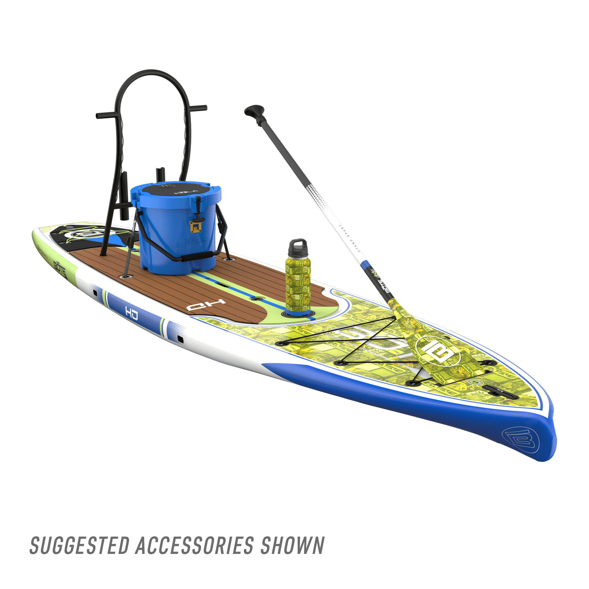 Front angled view of the HD 12′ Native Nalu Paddle Board with suggested accessories