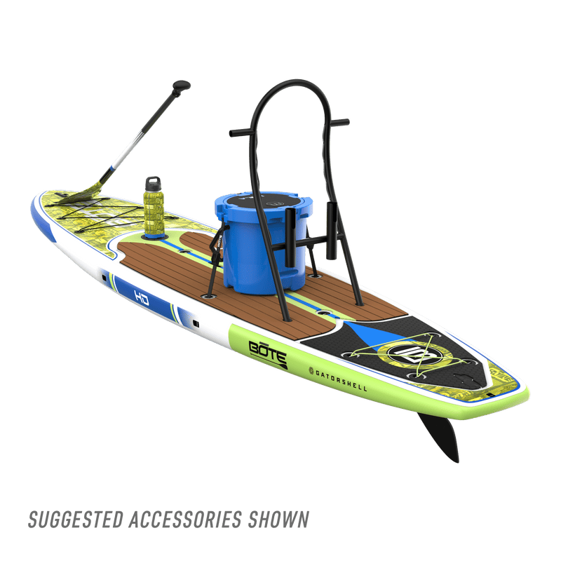 Rear angled view of the HD 12′ Native Nalu Paddle Board with suggested accessories