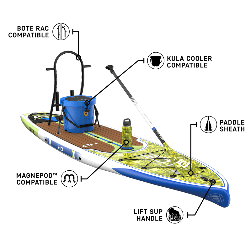 Front angled view of the HD 12′ Native Nalu Paddle Board with feature callouts