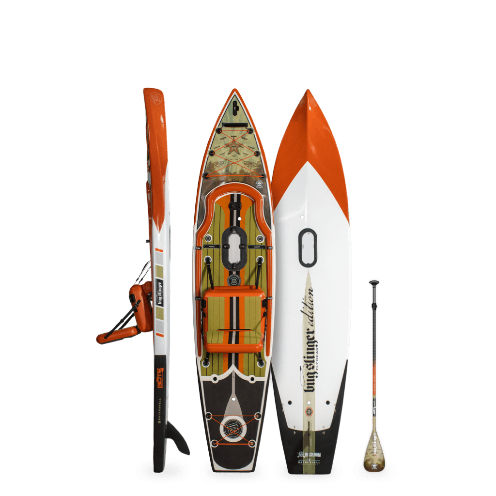 Top, side, and bottom view of the Rackham 12′ Bug Slinger® Backwater Paddle Board