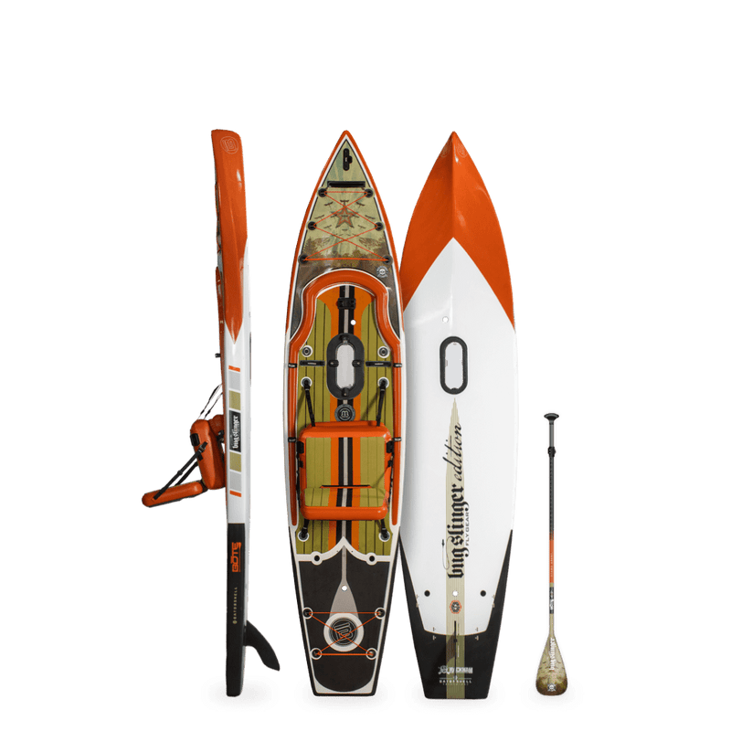 Top, side, and bottom view of the Rackham 12′ Bug Slinger® Backwater Paddle Board