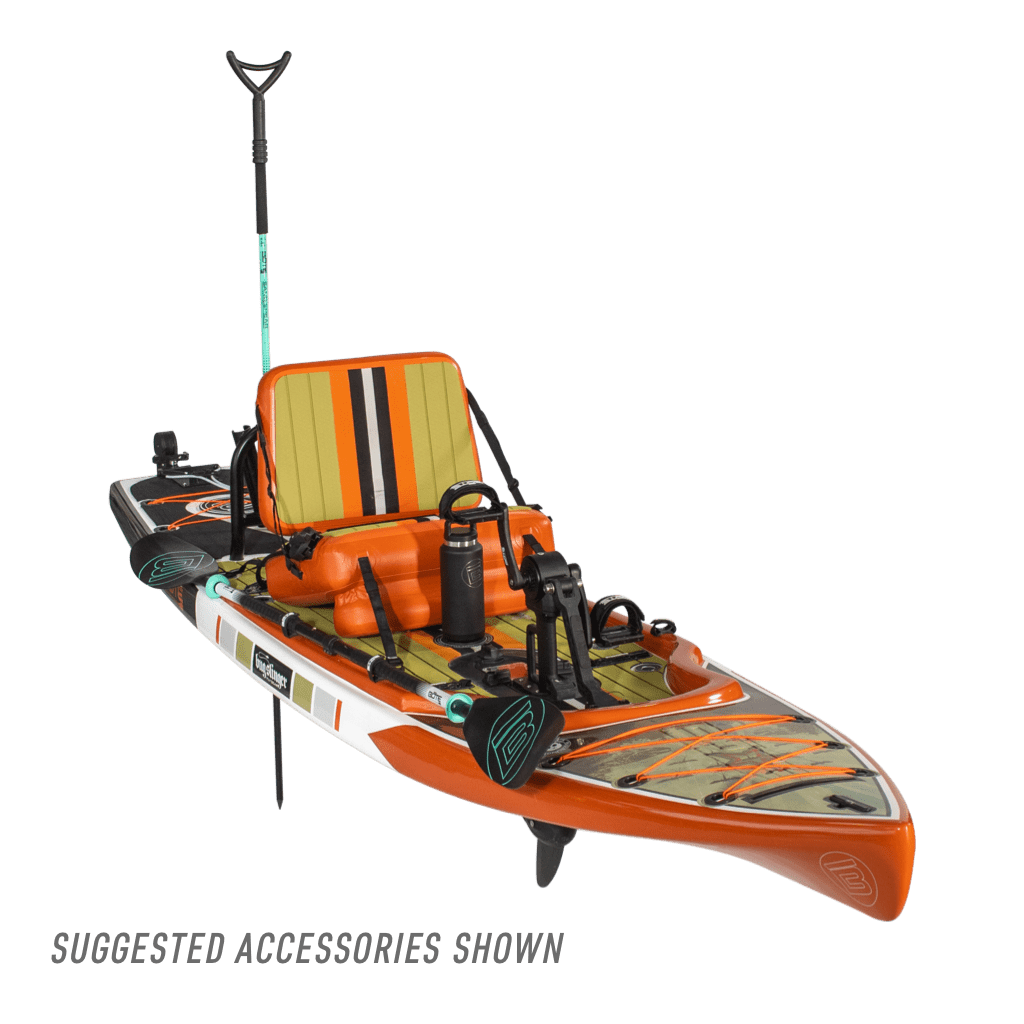 Front view of the view of the Rackham 12′ Bug Slinger® Backwater Paddle Board with accessories