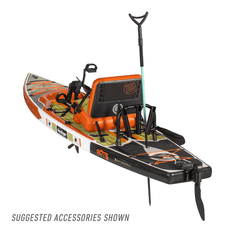Rear view of the view of the Rackham 12′ Bug Slinger® Backwater Paddle Board with accessories