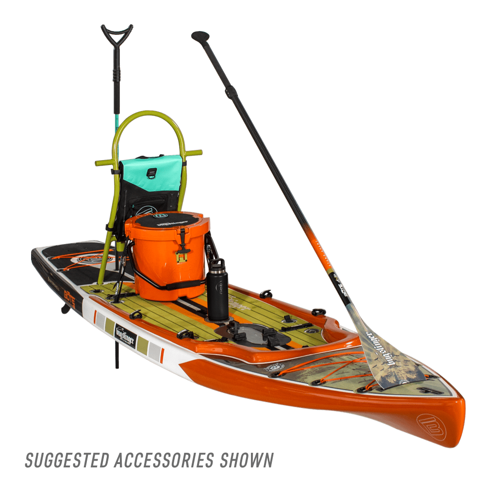 Front view of the view of the Rackham 12′ Bug Slinger® Backwater Paddle Board with more accessories