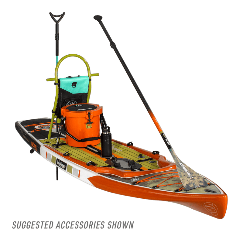 Front view of the view of the Rackham 12′ Bug Slinger® Backwater Paddle Board with more accessories