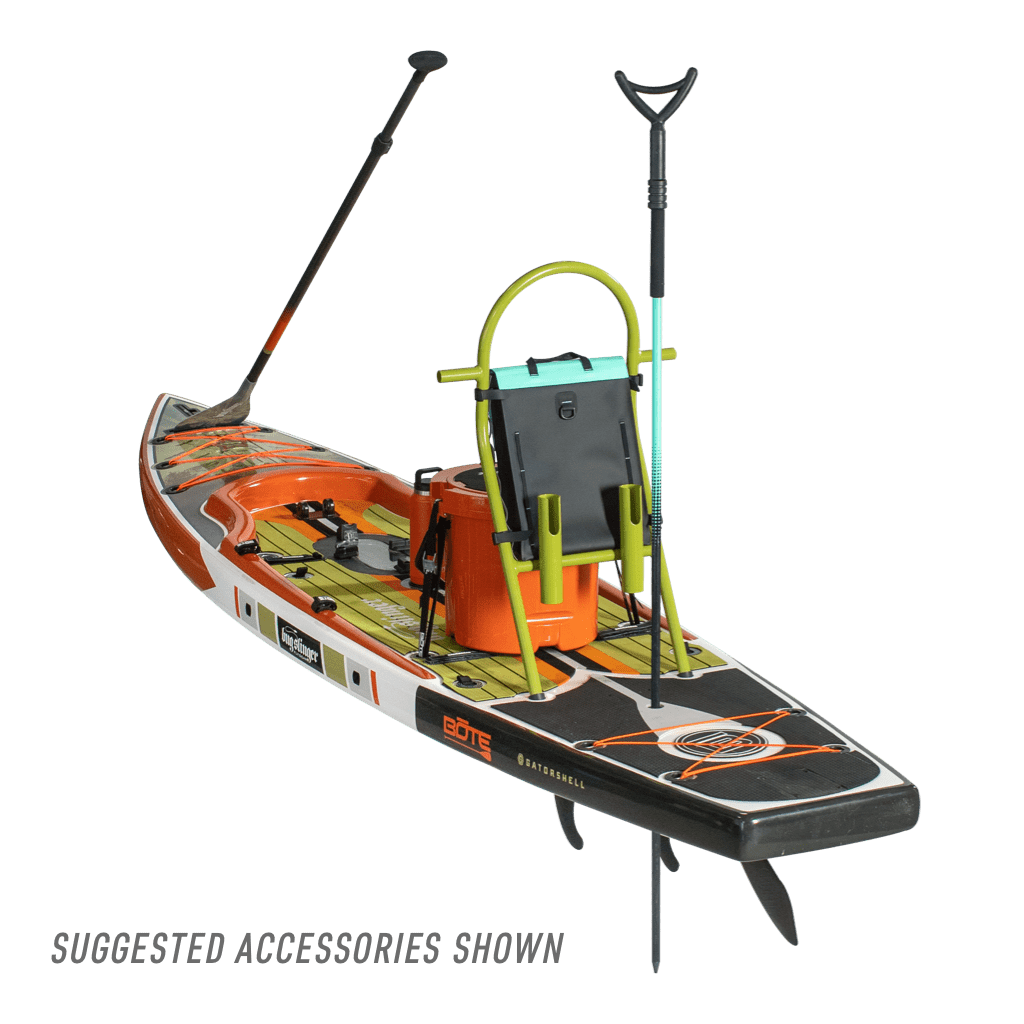 Rear view of the view of the Rackham 12′ Bug Slinger® Backwater Paddle Board with more accessories