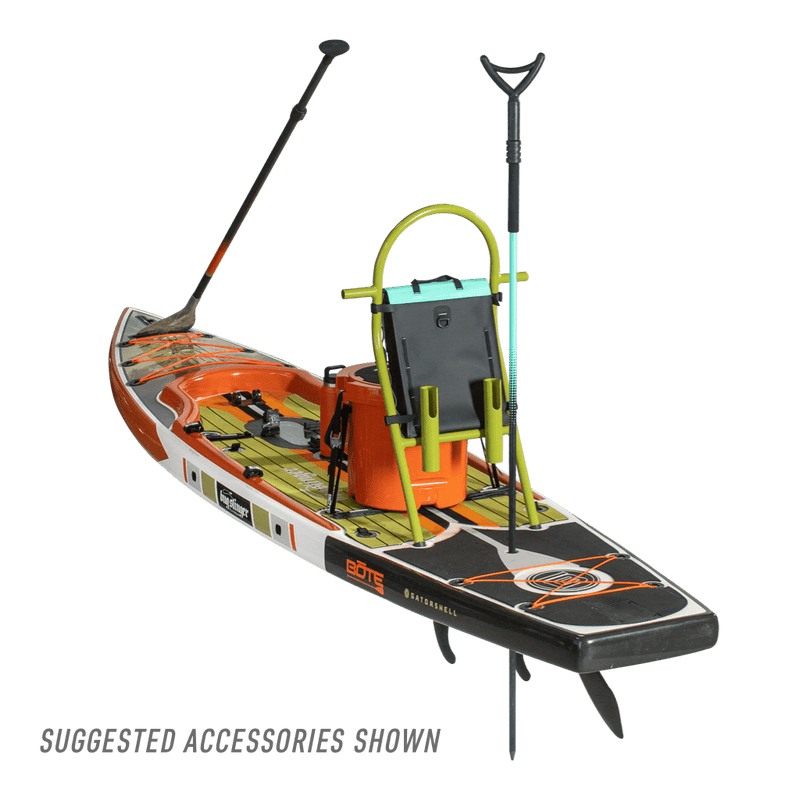 Rear view of the view of the Rackham 12′ Bug Slinger® Backwater Paddle Board with more accessories