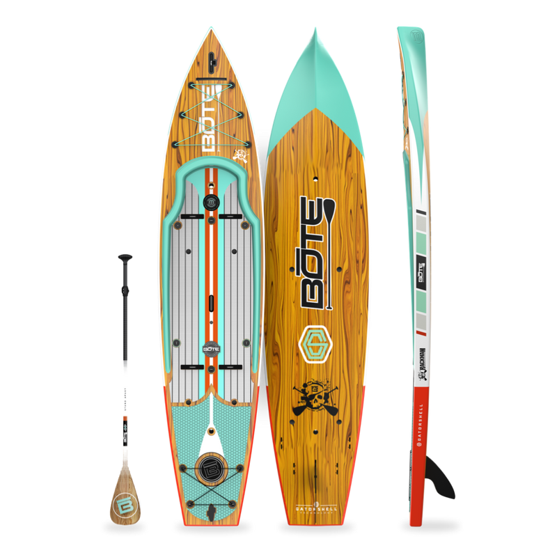 Top, side and bottom view of the Rackham 12′ Classic Mangrove Paddle Board with paddle