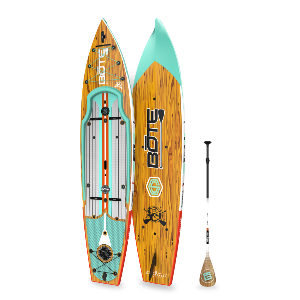 Top and bottom angled view of the Rackham 12′ Classic Mangrove Paddle Board with paddle