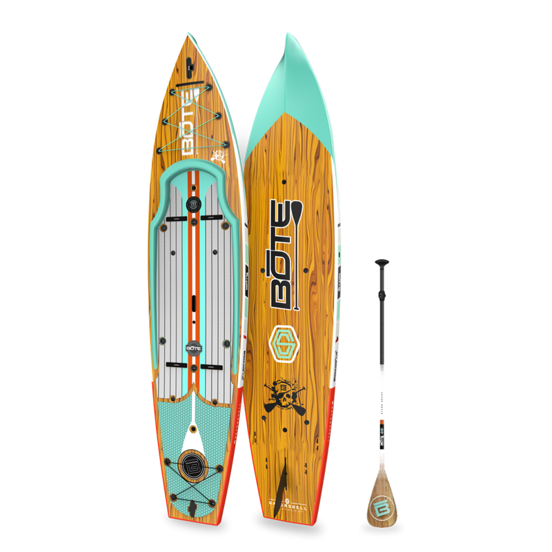 Top and bottom angled view of the Rackham 12′ Classic Mangrove Paddle Board with paddle