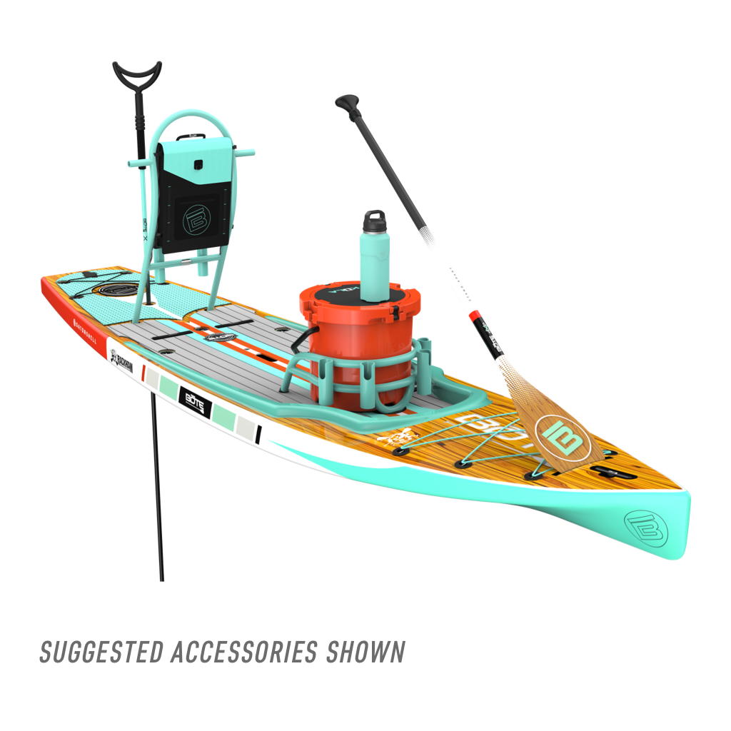 Front angled view of the Rackham 12′ Classic Mangrove Paddle Board with suggested accessories