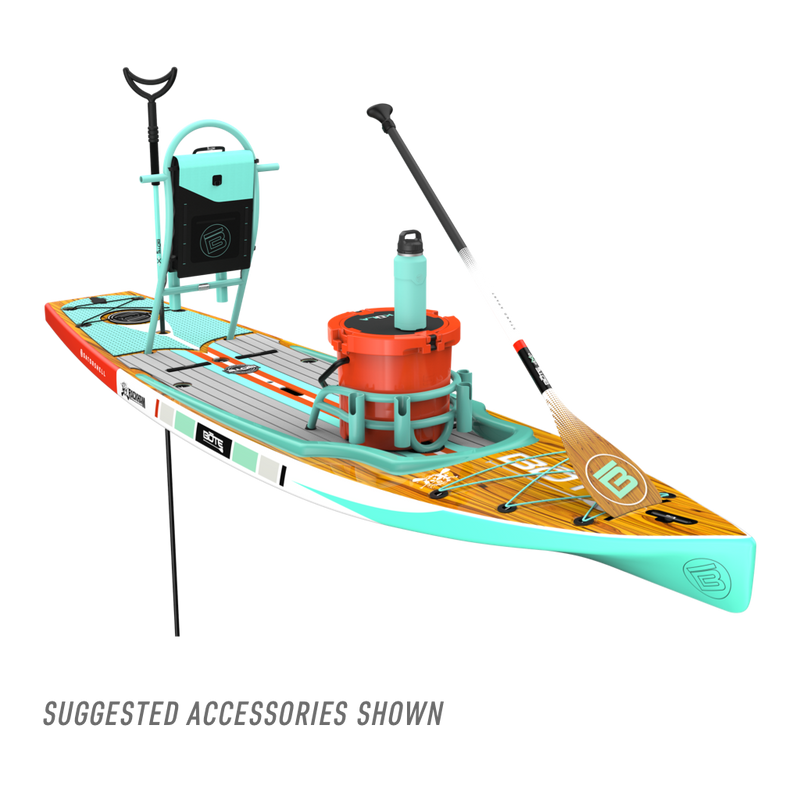 Front angled view of the Rackham 12′ Classic Mangrove Paddle Board with suggested accessories