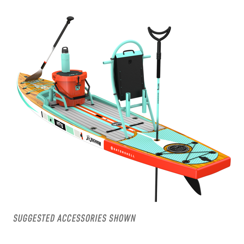 Rear angled view of the Rackham 12′ Classic Mangrove Paddle Boardview of the Rackham 12′ Classic Mangrove Paddle Board with suggested accessories