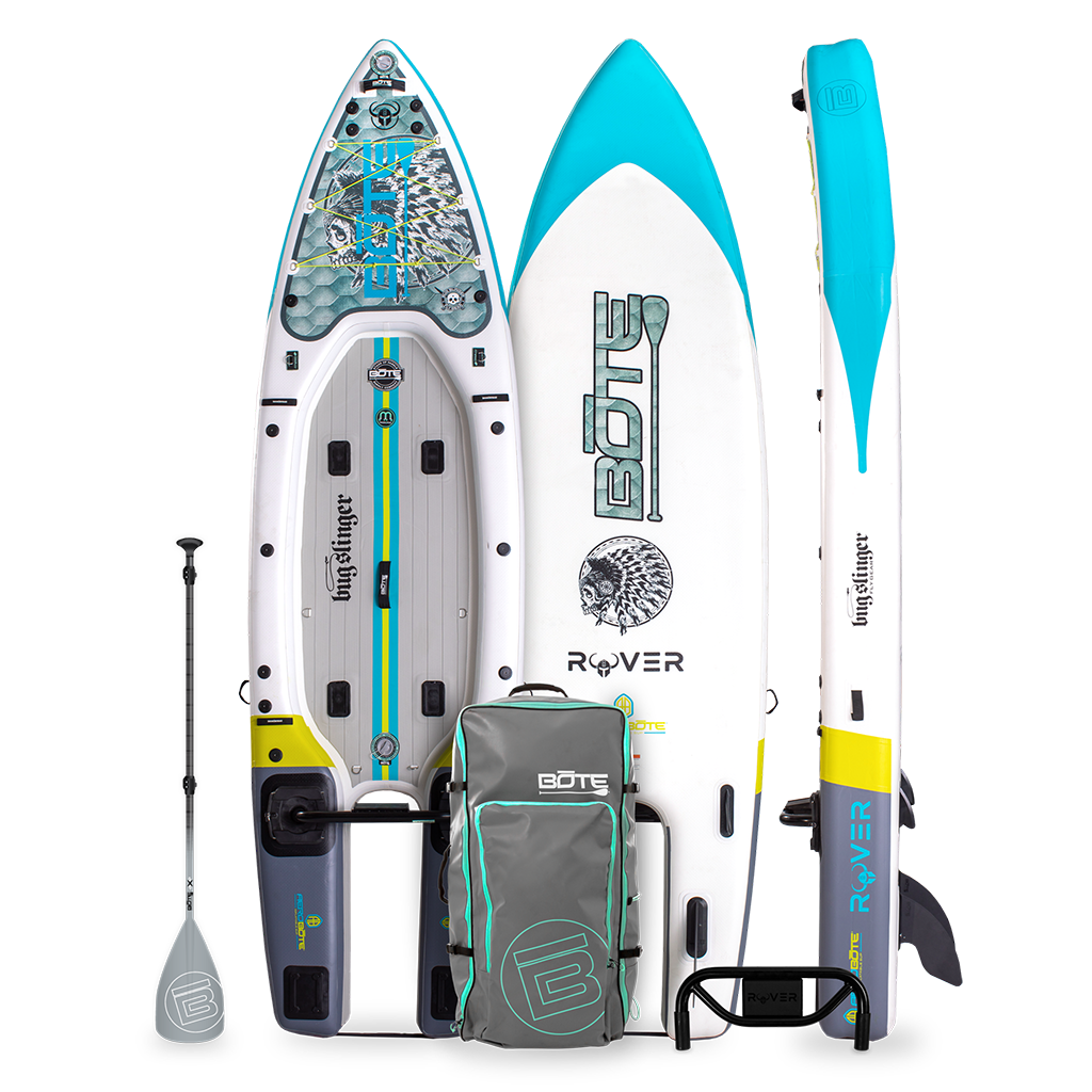 Top, bottom, and side of the Rover Aero 12′6″ Bug Slinger™ Silver King Inflatable Micro Skiff