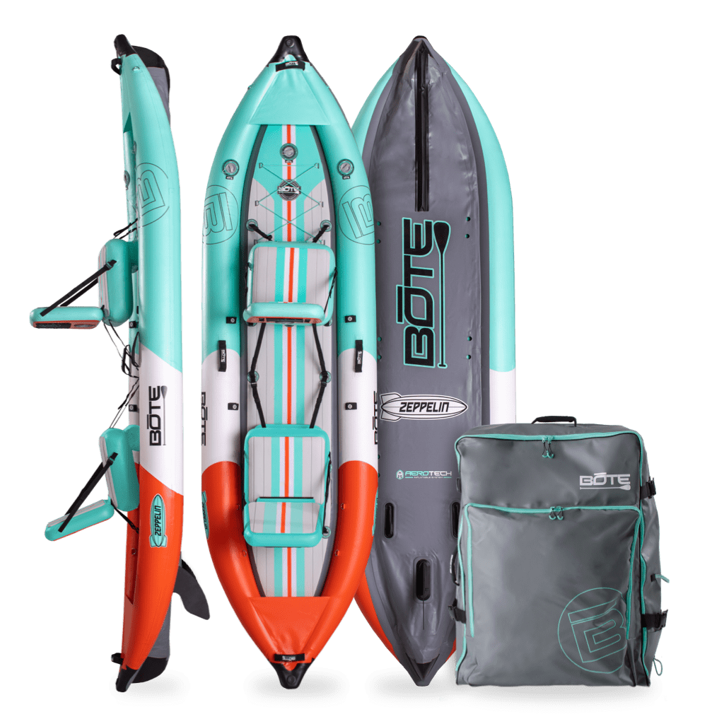 Front, side, back view of the Zeppelin Aero inflatable tandem kayak in Classic Seafoam with bag.