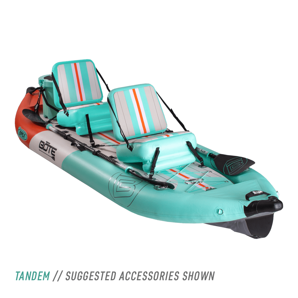 Front angle view of Zeppelin Aero Inflatable Kayak in Classic Seafoam with accessories.