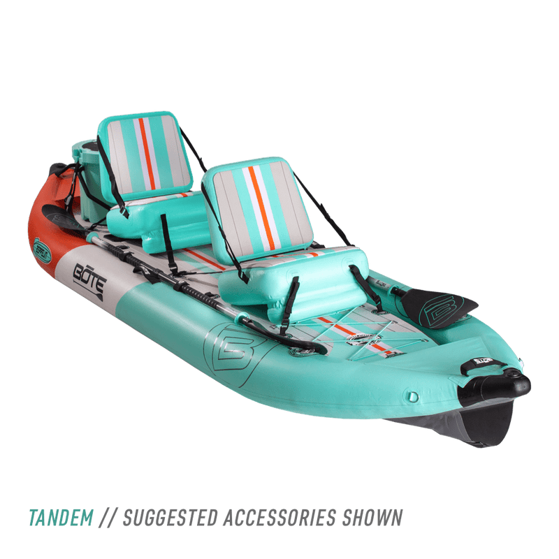 Front angle view of Zeppelin Aero Inflatable Kayak in Classic Seafoam with accessories.