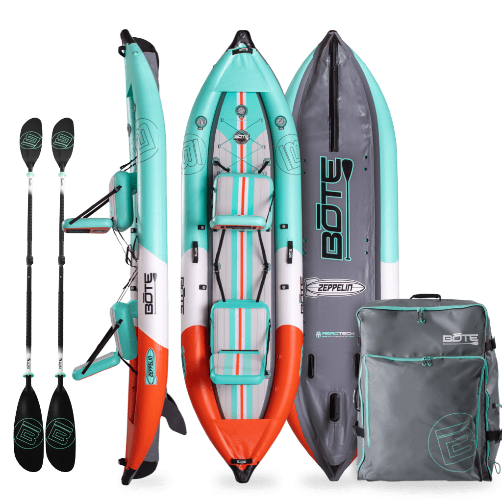 Front, side, back view of the Zeppelin Aero inflatable tandem kayak in Classic Seafoam with two paddles and bag.