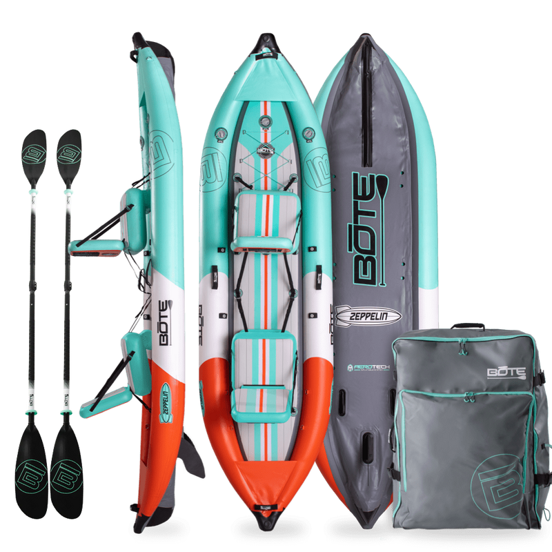 Front, side, back view of the Zeppelin Aero inflatable tandem kayak in Classic Seafoam with two paddles and bag.