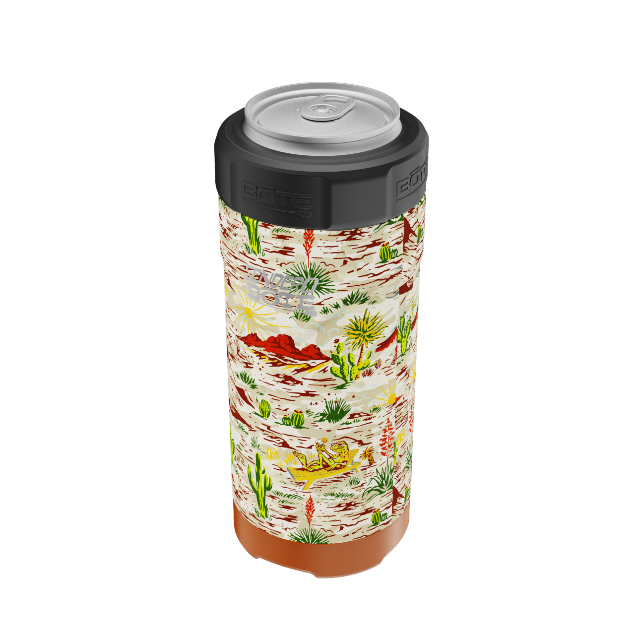 A direct front view of the MAGNEChill Can Cooler Slim Native Sendero, highlighting its main design and branding elements.