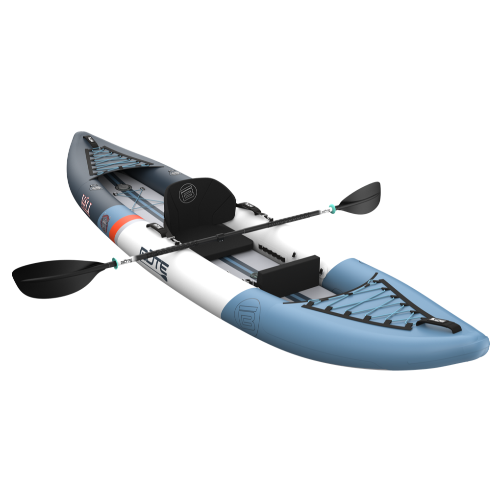 Inflatable kayak with paddle on a white background