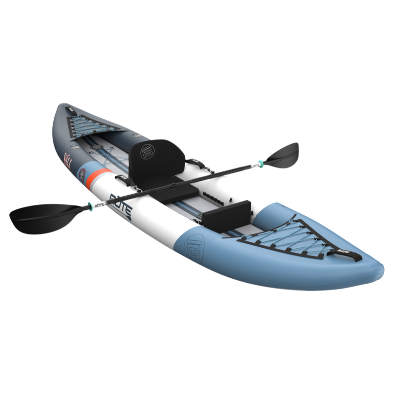 Inflatable kayak with paddle on a white background