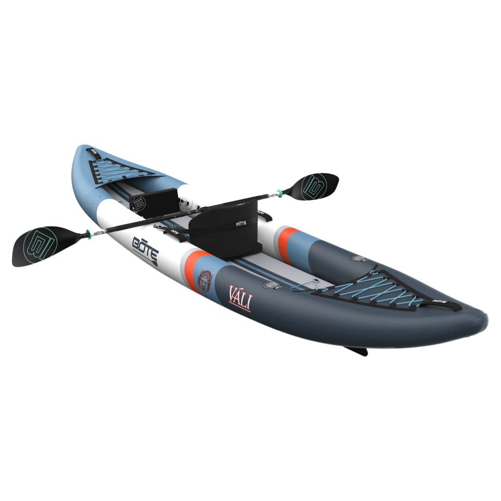 Inflatable kayak with paddles on a white background